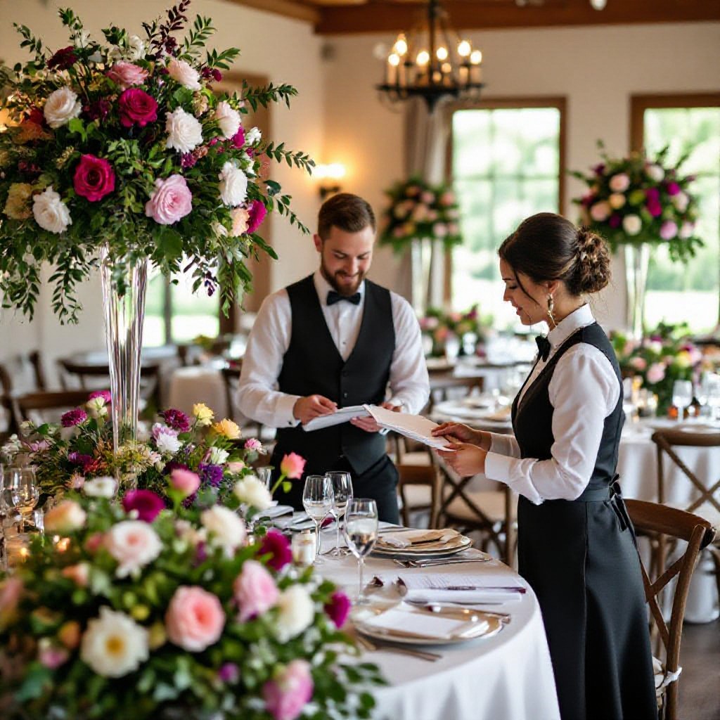 Event planner arranging a wedding reception