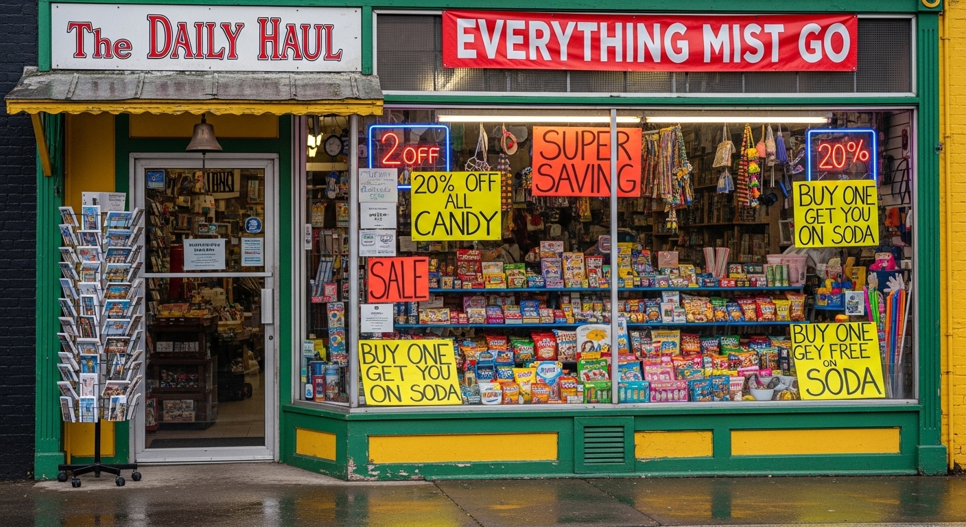 front of a local variety store with promotional posters