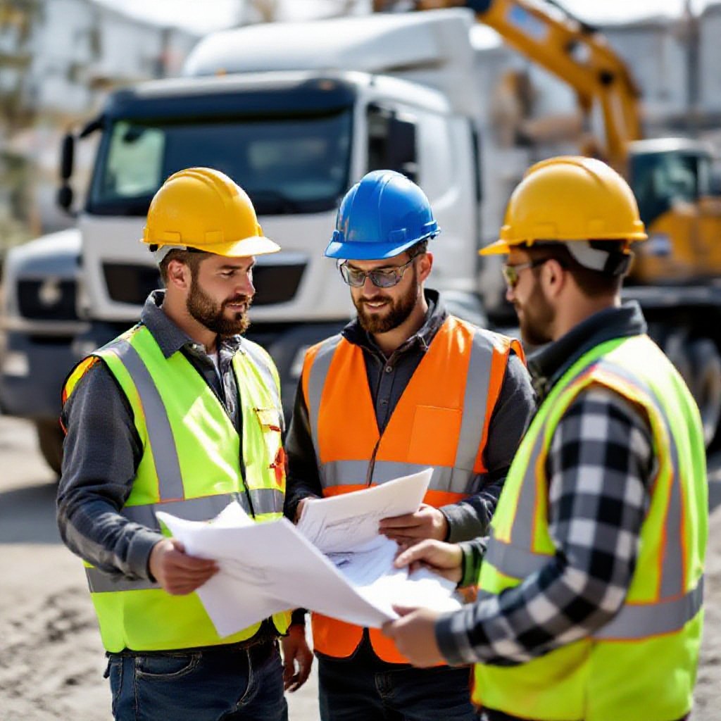 Construction team reviewing blueprints