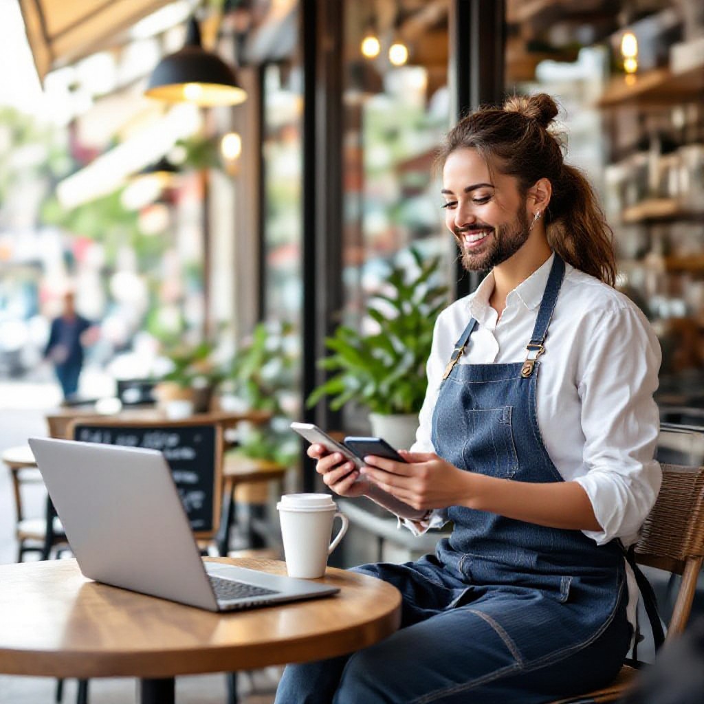 small business owner with laptop and phone