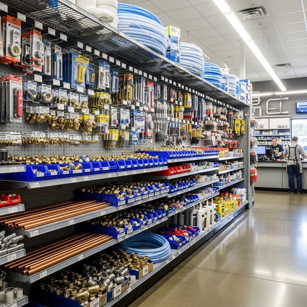 plumbing supply store interior shelf with pipes and fittings