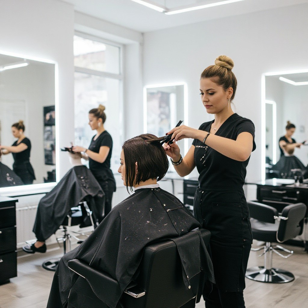 Salon interior and stylist at work