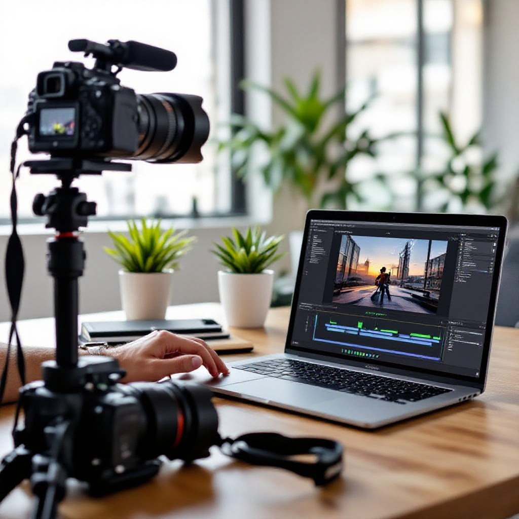 videographer editing footage on laptop
