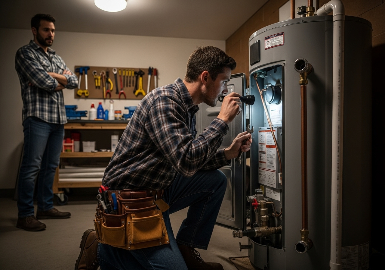 plumber inspecting hot water system