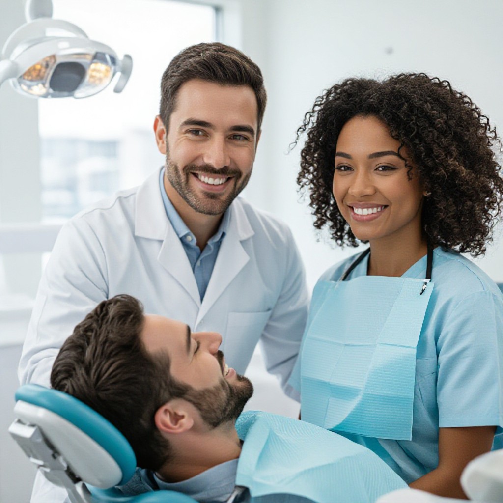 Smiling dentist with patient