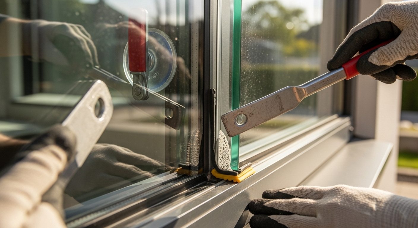 Glazier installing glass window
