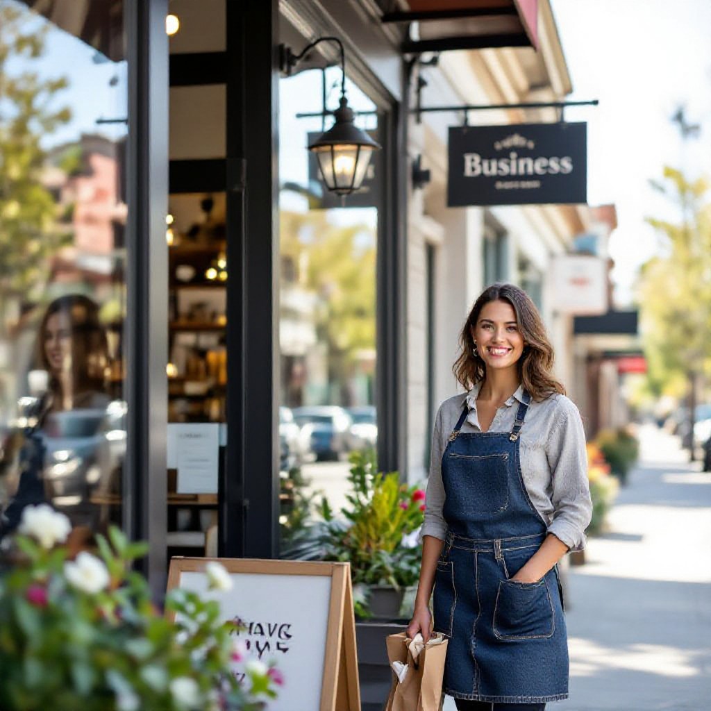 Small business storefront with owner