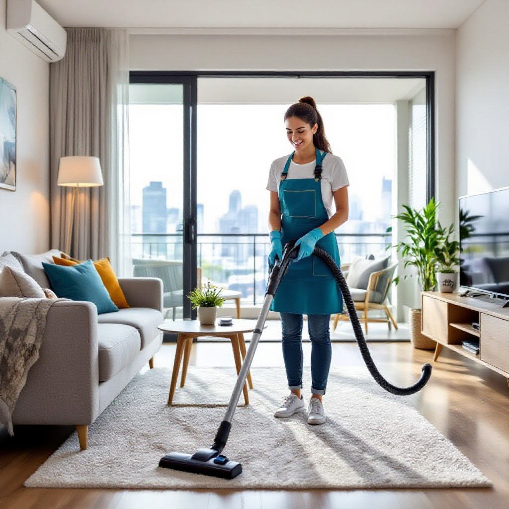 Cleaner vacuuming apartment