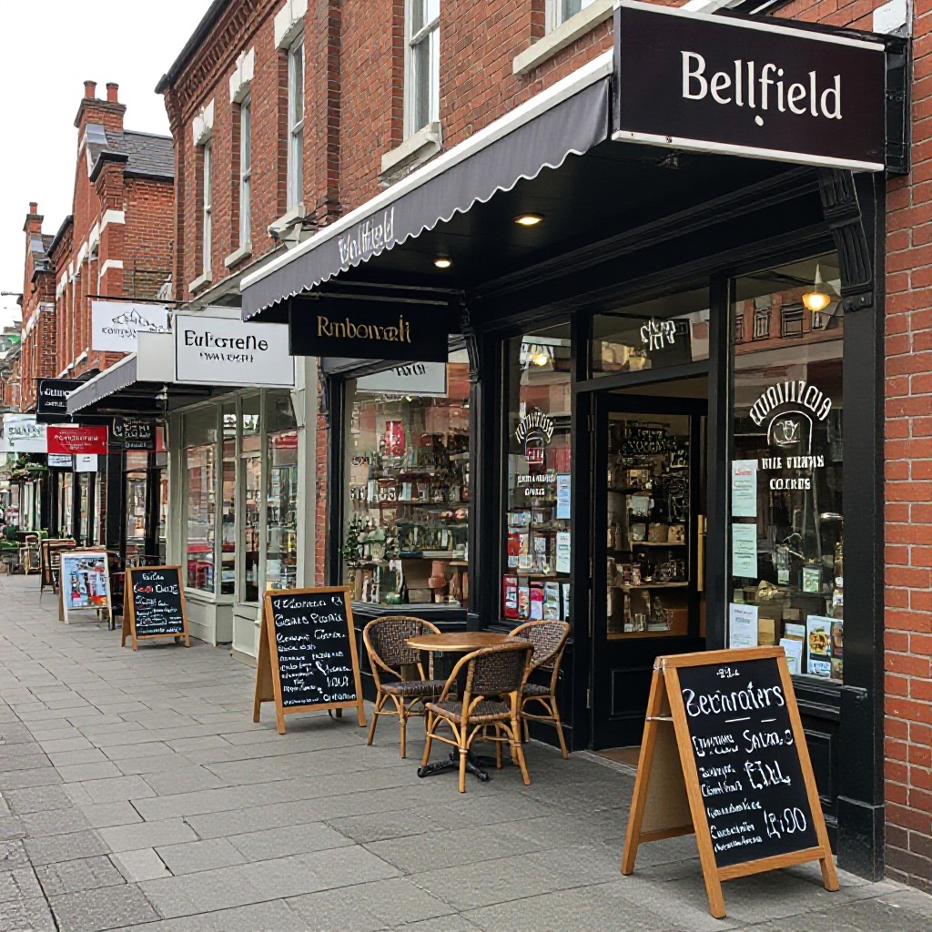 Bellfield streetscape with local businesses