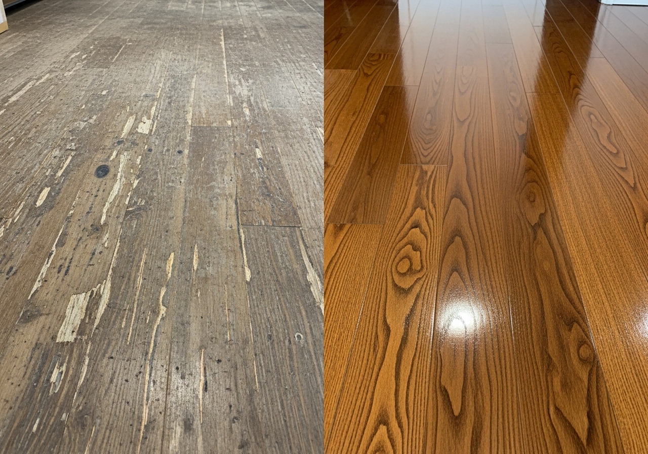 Before and after wood floor refinishing