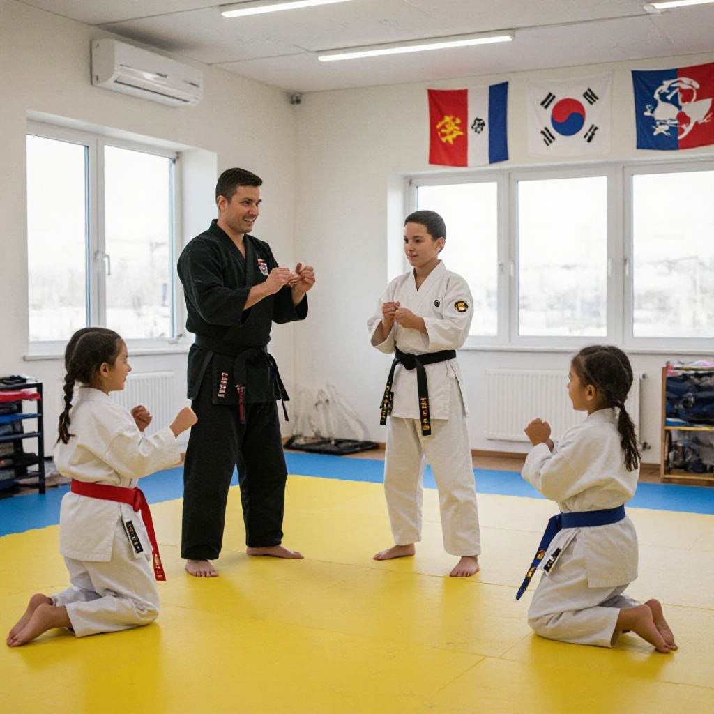 martial arts instructor teaching kids in a bright dojo