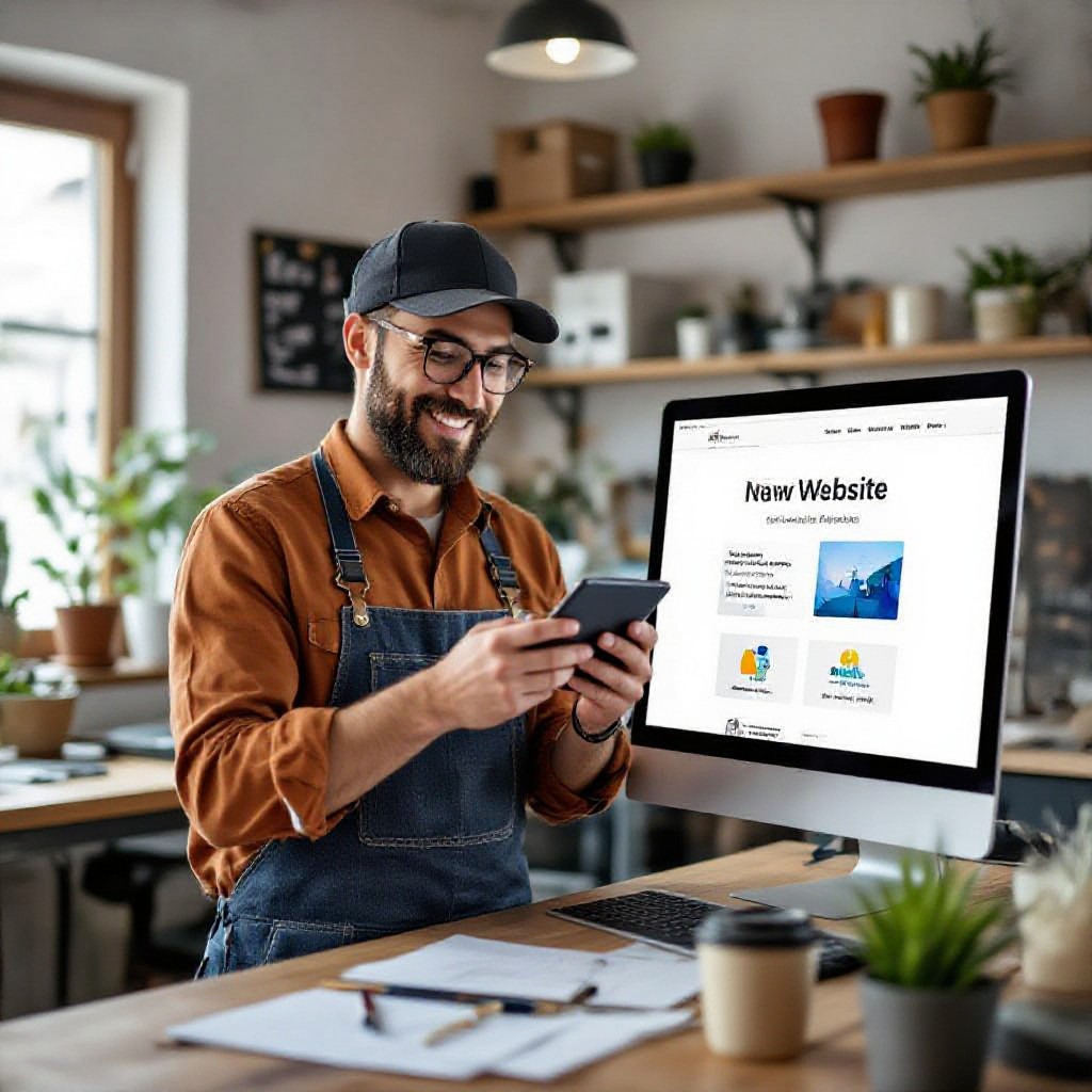 Small business owner checking a new website
