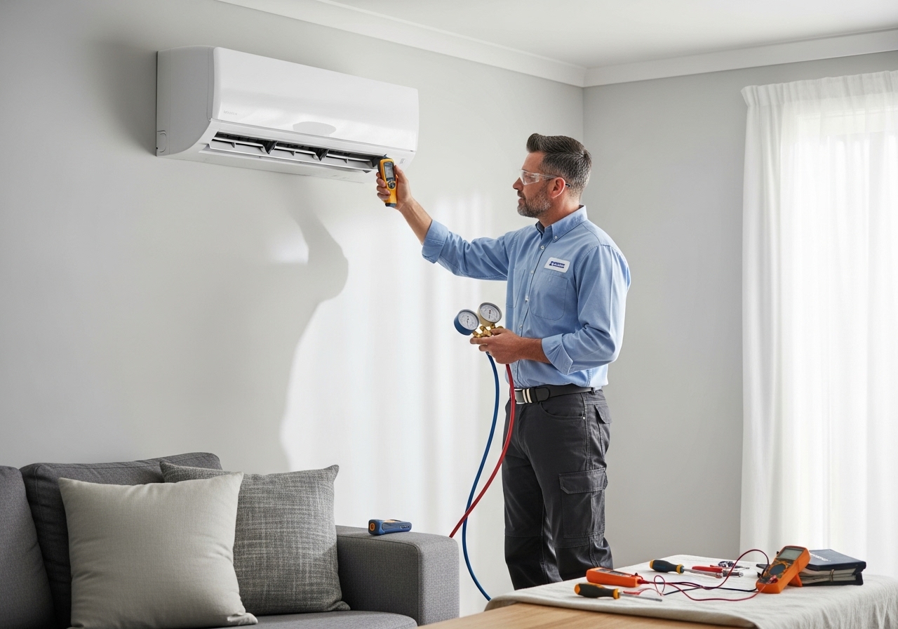 AC technician inspecting split system