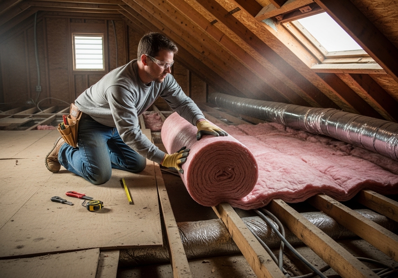 Insulation contractor installing insulation in attic