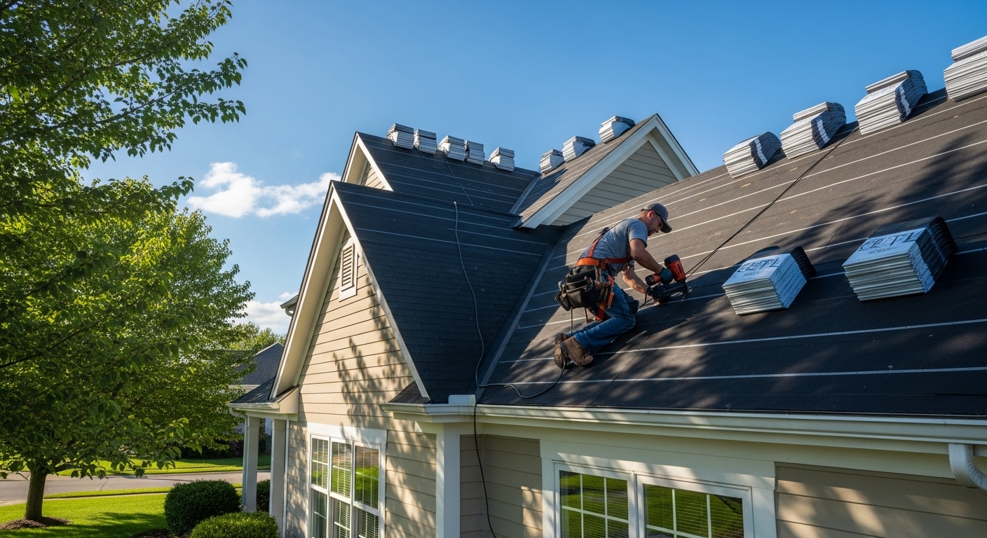 Roofing contractor on roof