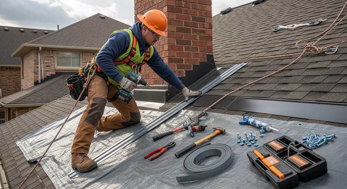 Sheet metal contractor installing flashing on roof