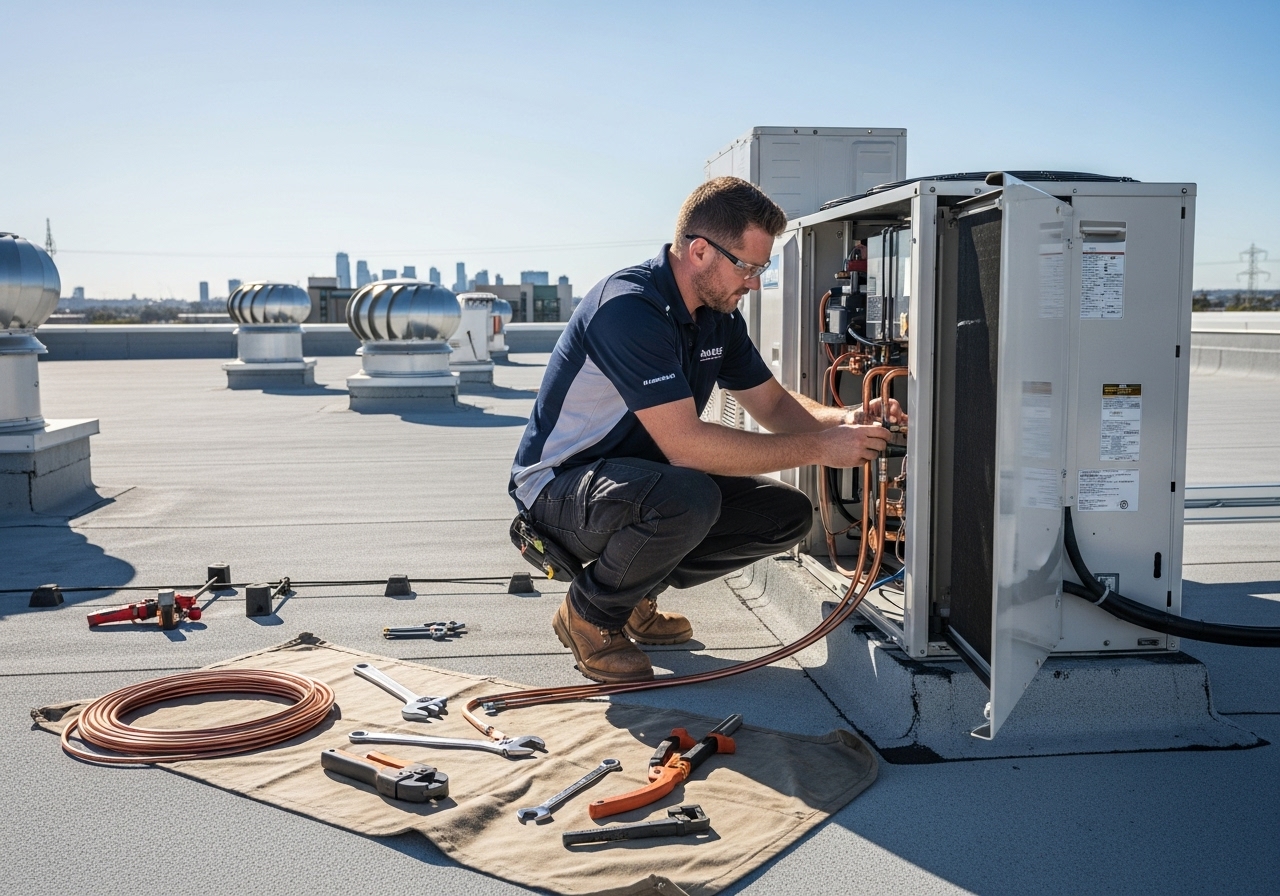 Air conditioning technician installing system