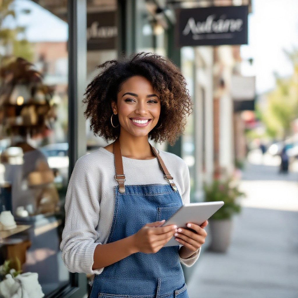 Auburn business owner with tablet showing website