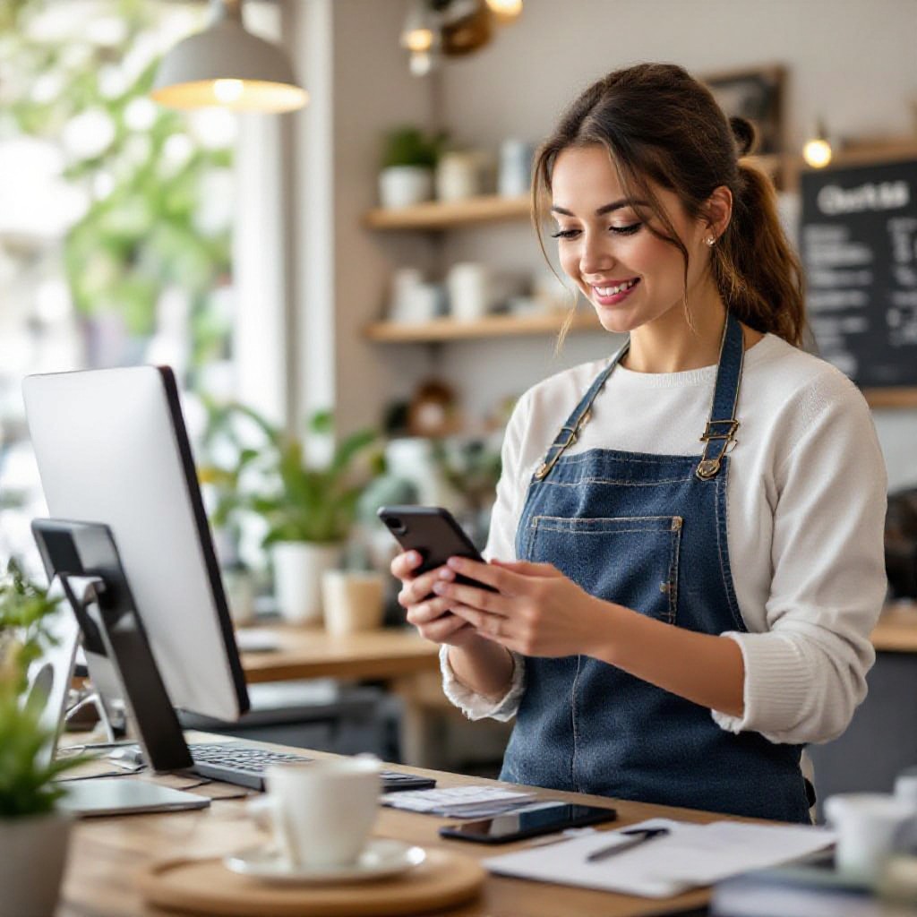 Small business owner checking website