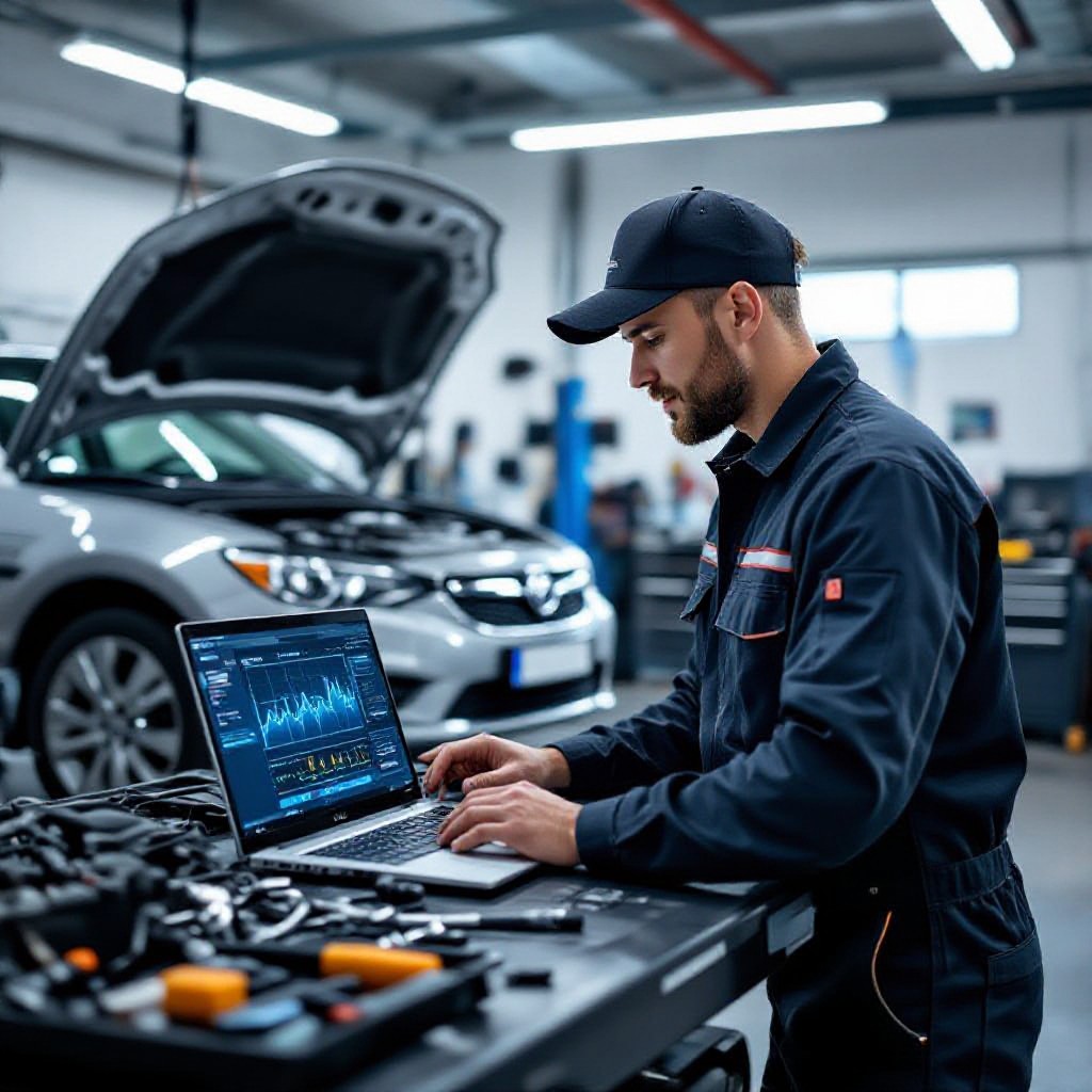 Mechanic working with laptop