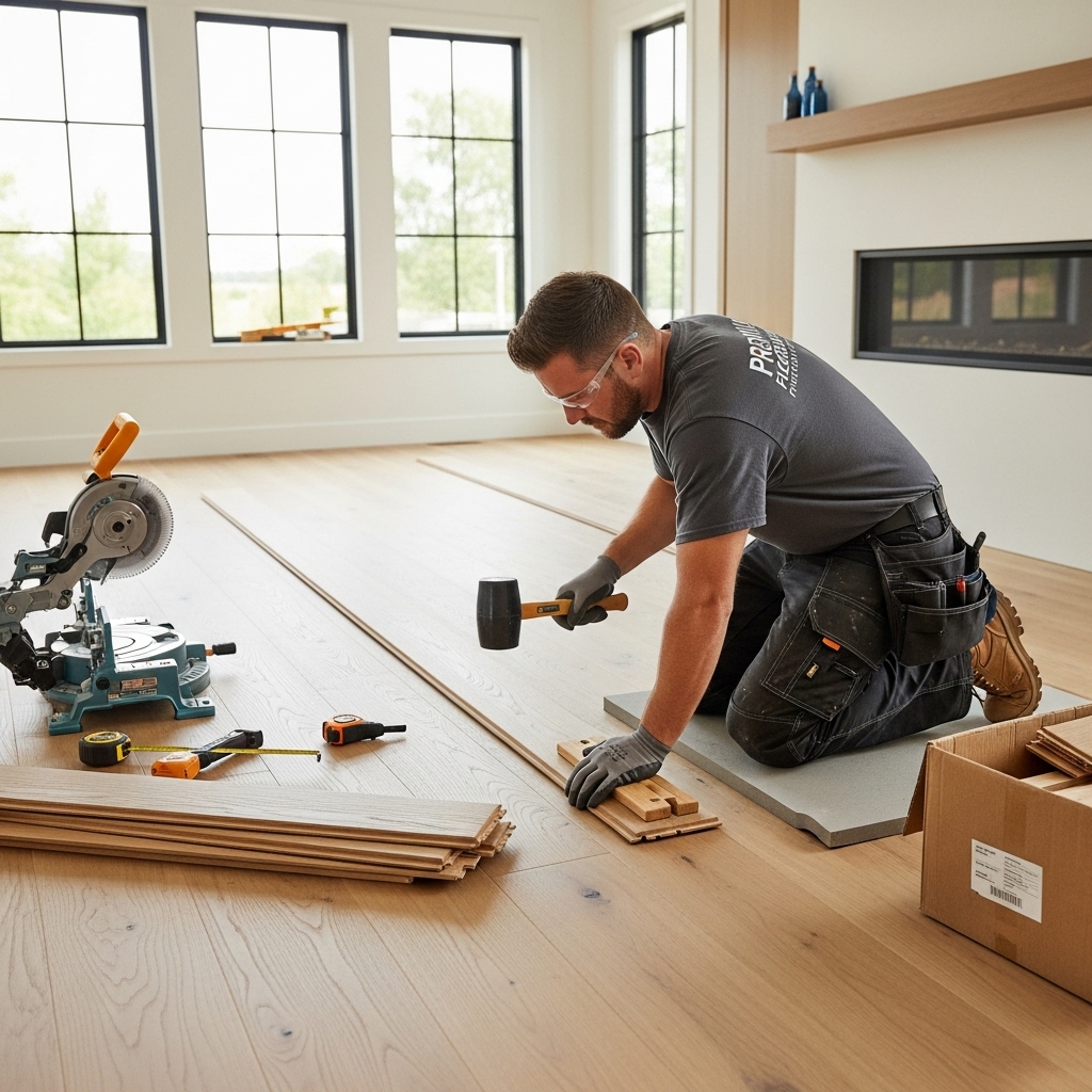 Flooring contractor installing hardwood floor