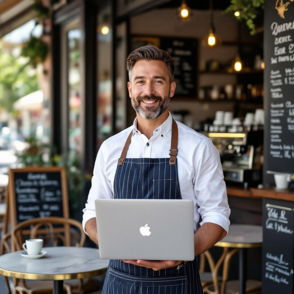 Brighton Beach business owner with laptop