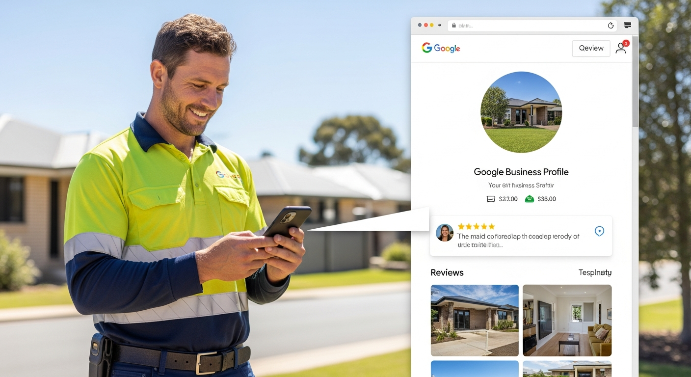 Australian tradie with phone showing optimised website