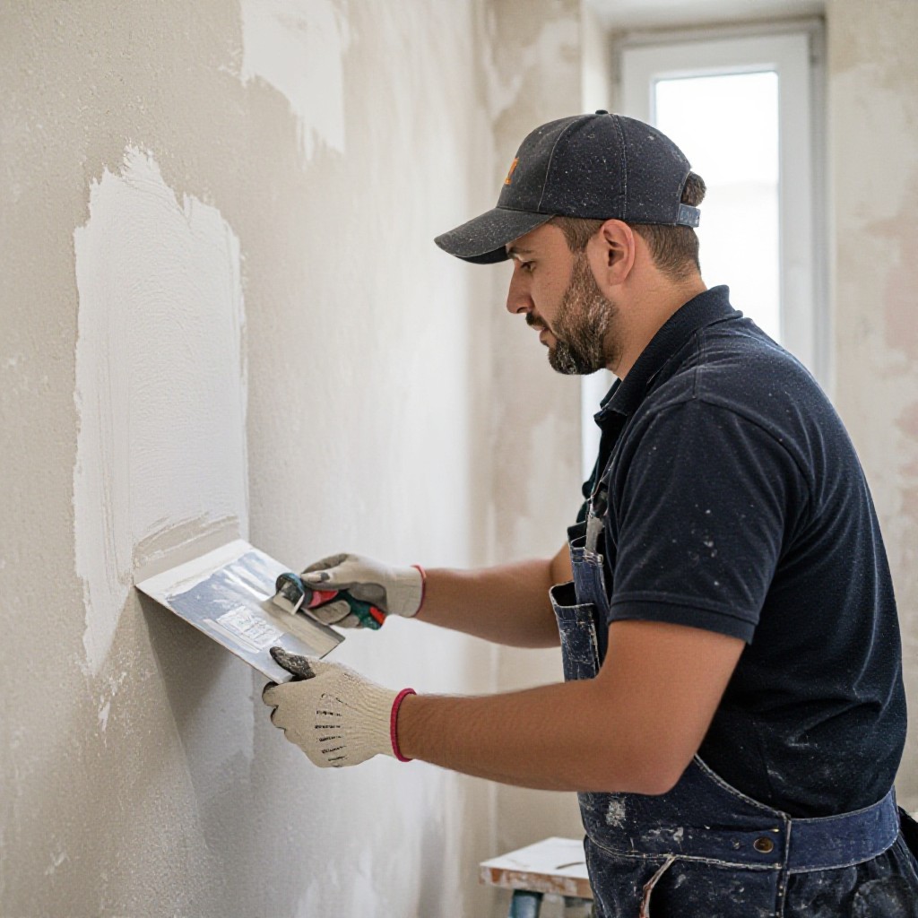 Plasterer smoothing wall