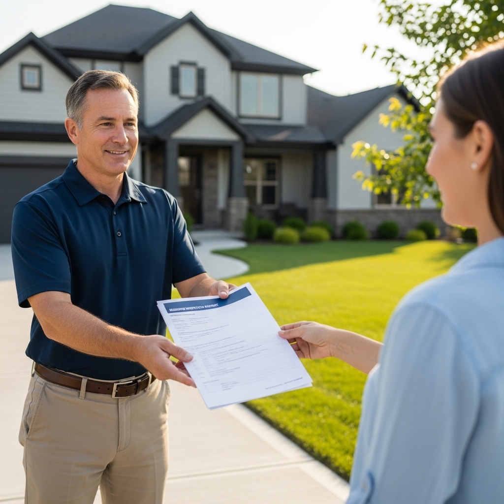 Inspector handing report to buyer