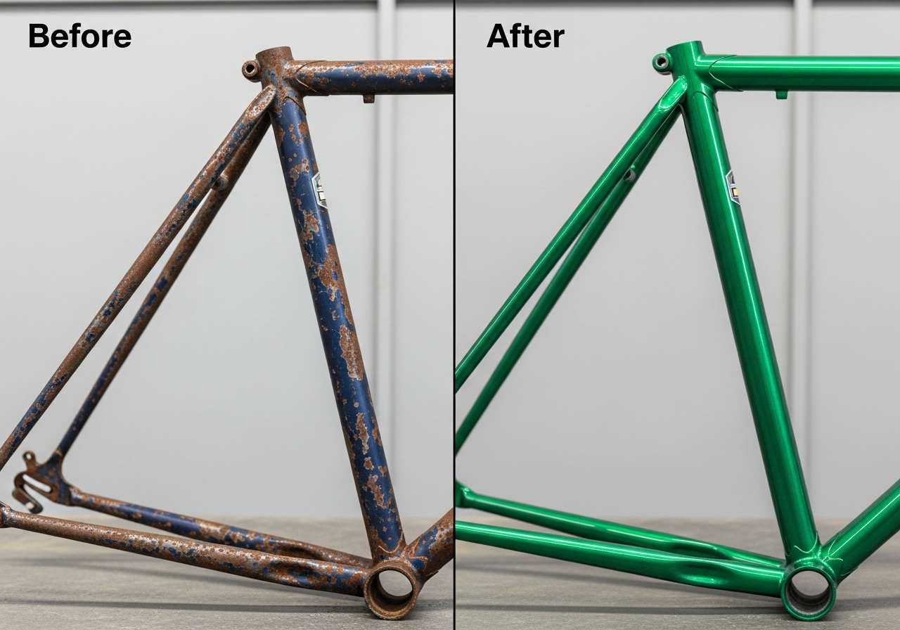 before and after powder coated bicycle frame