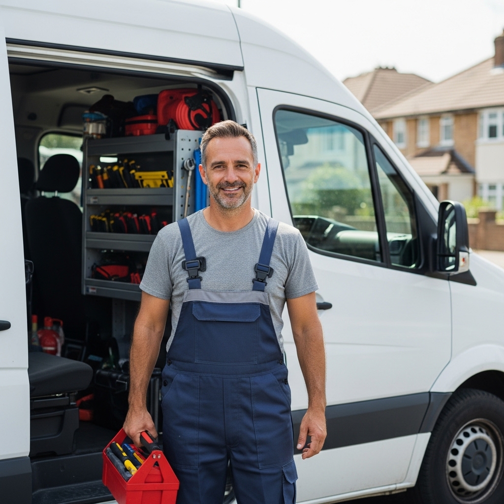 handyman smiling holding toolkit
