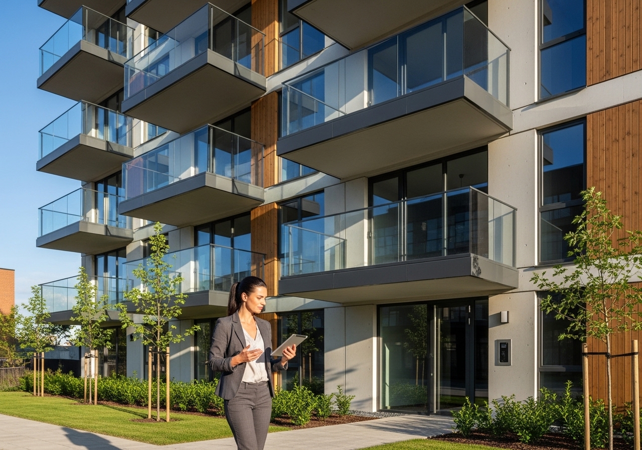property manager with tablet outside apartment building