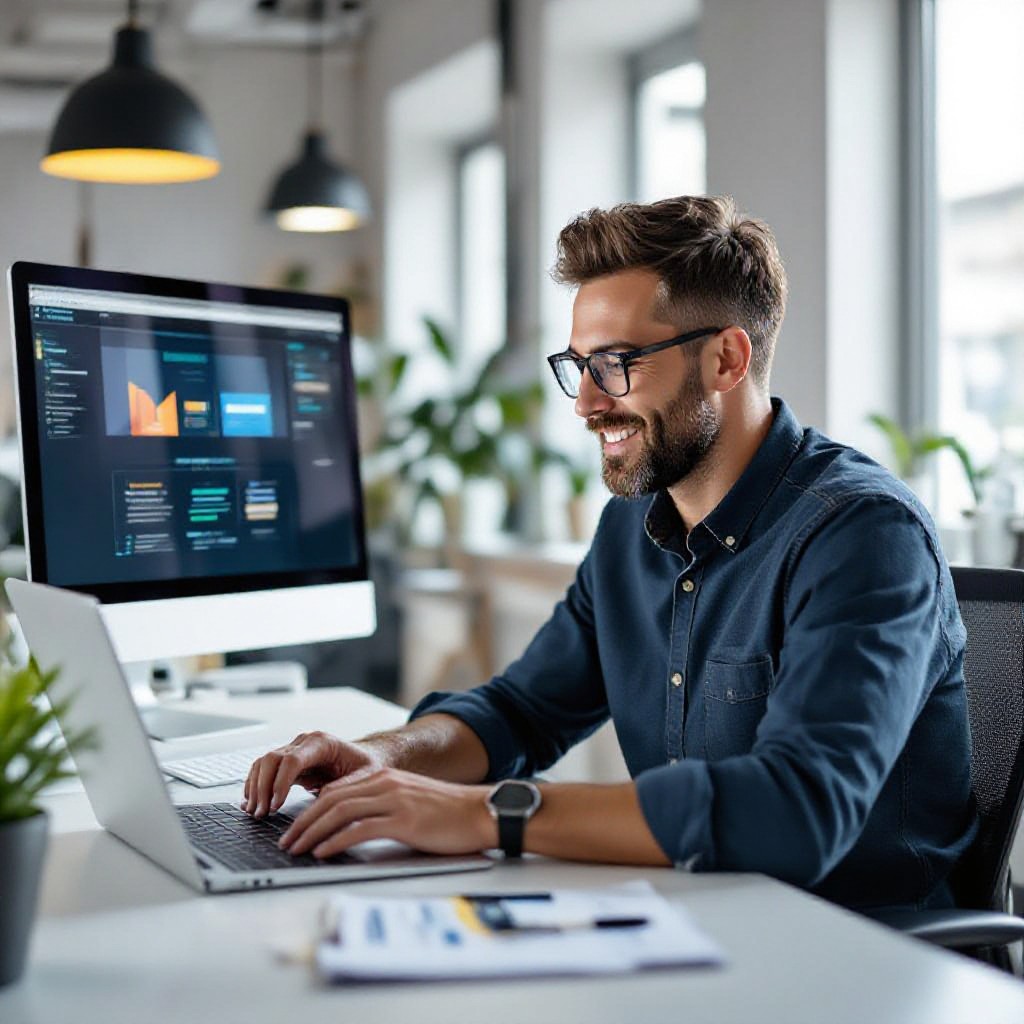 Small business owner evaluating free webpage builder preview