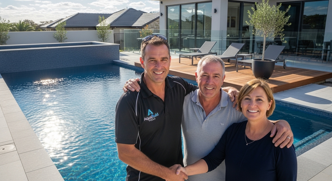 Swimming pool contractor beside finished pool