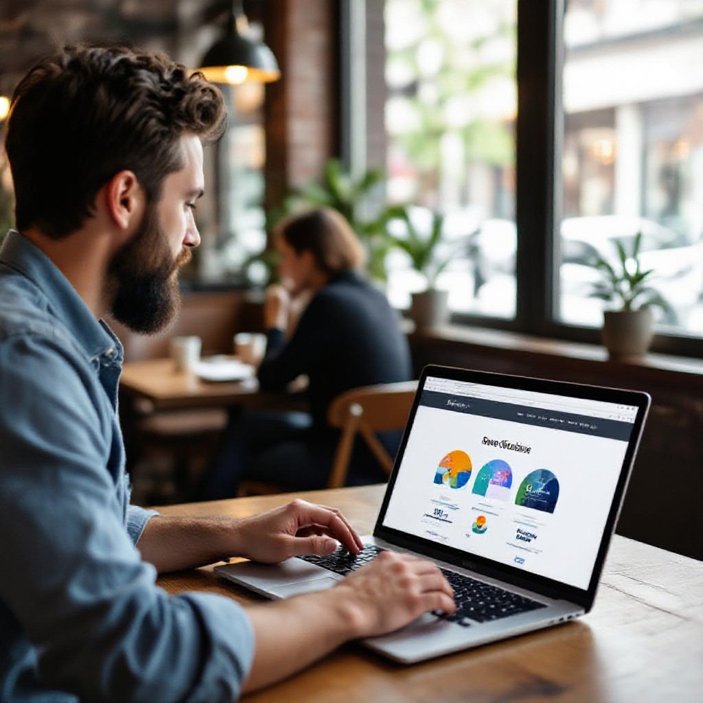 Small business owner reviewing website