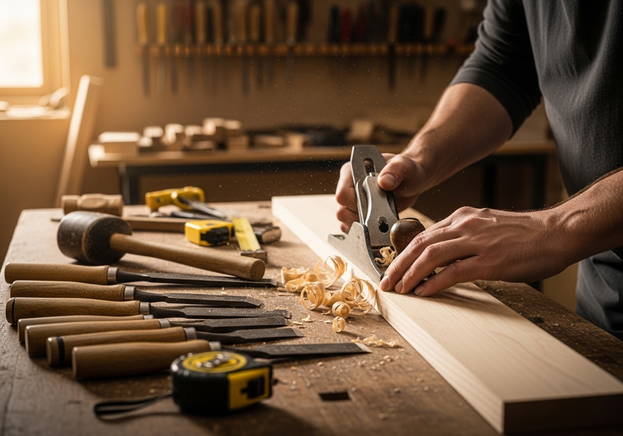 Carpenter working on timber bench