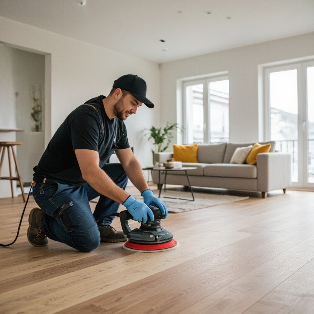 Hardwood floor installer working