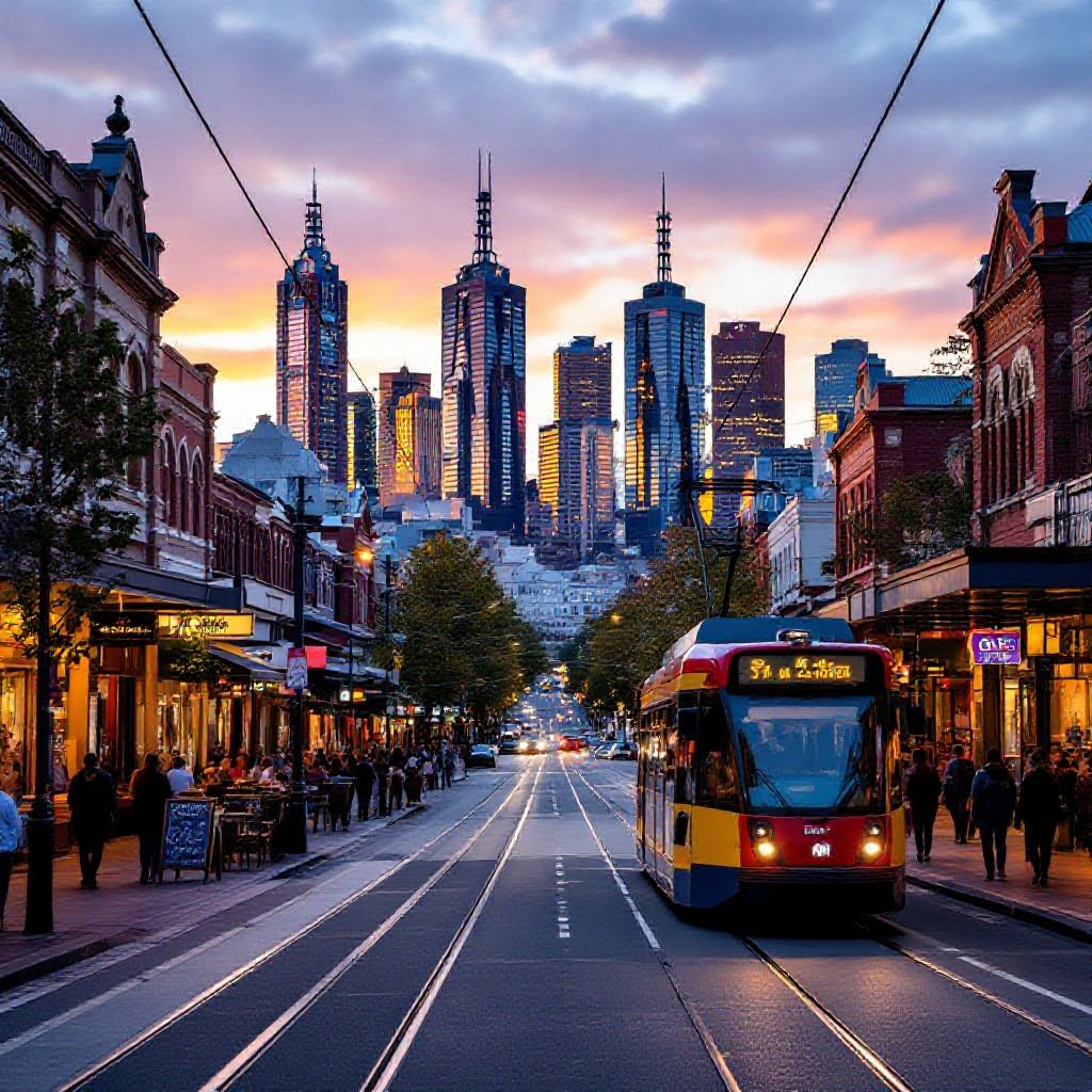 Eastern suburbs Melbourne street view with tram and cafes
