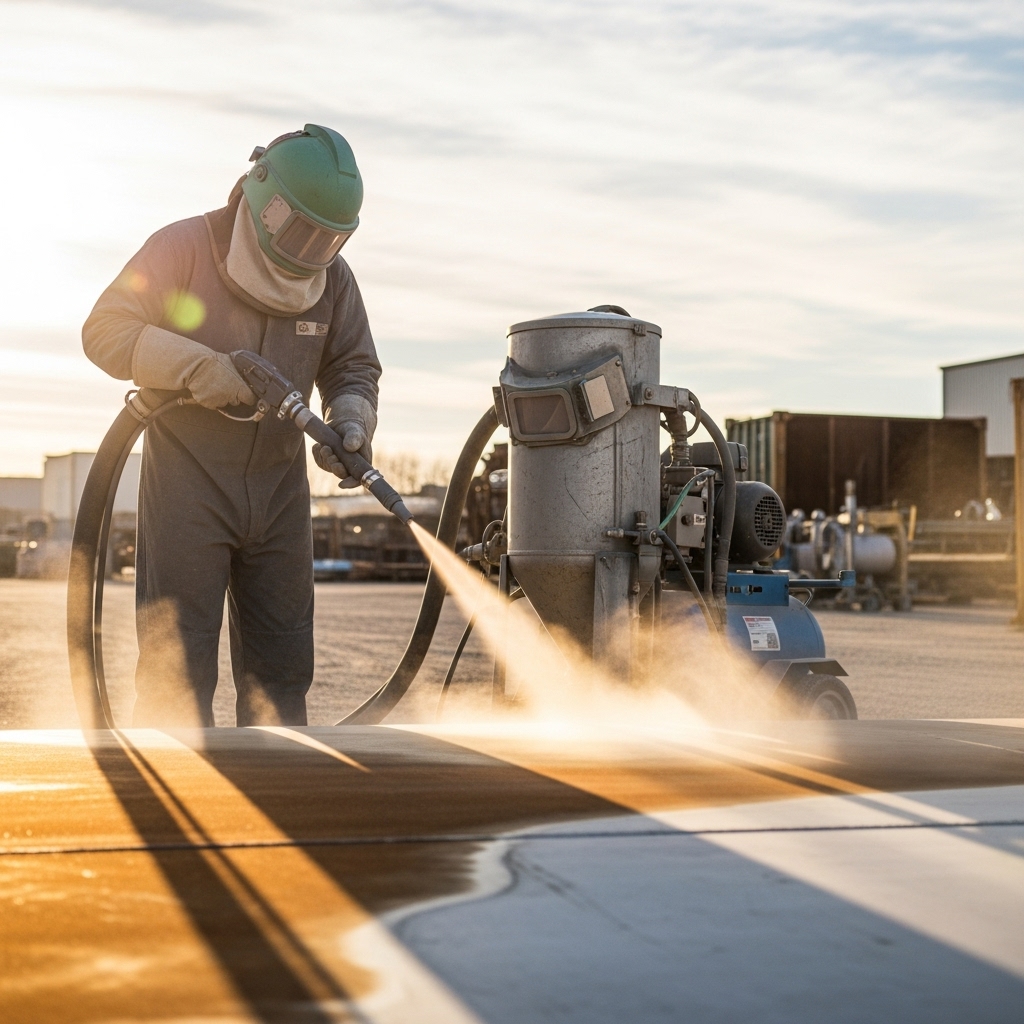 Sandblasting technician in action