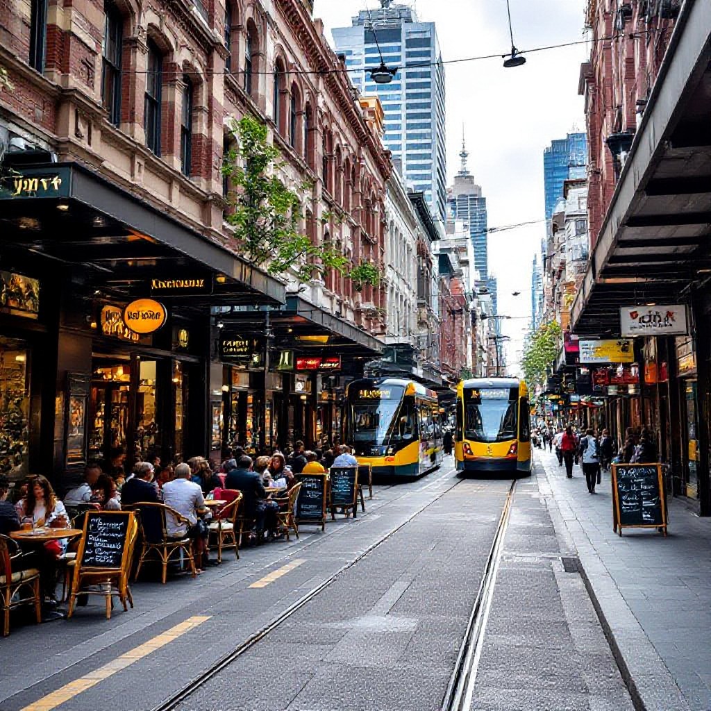 Melbourne CBD laneway with cafe and trams
