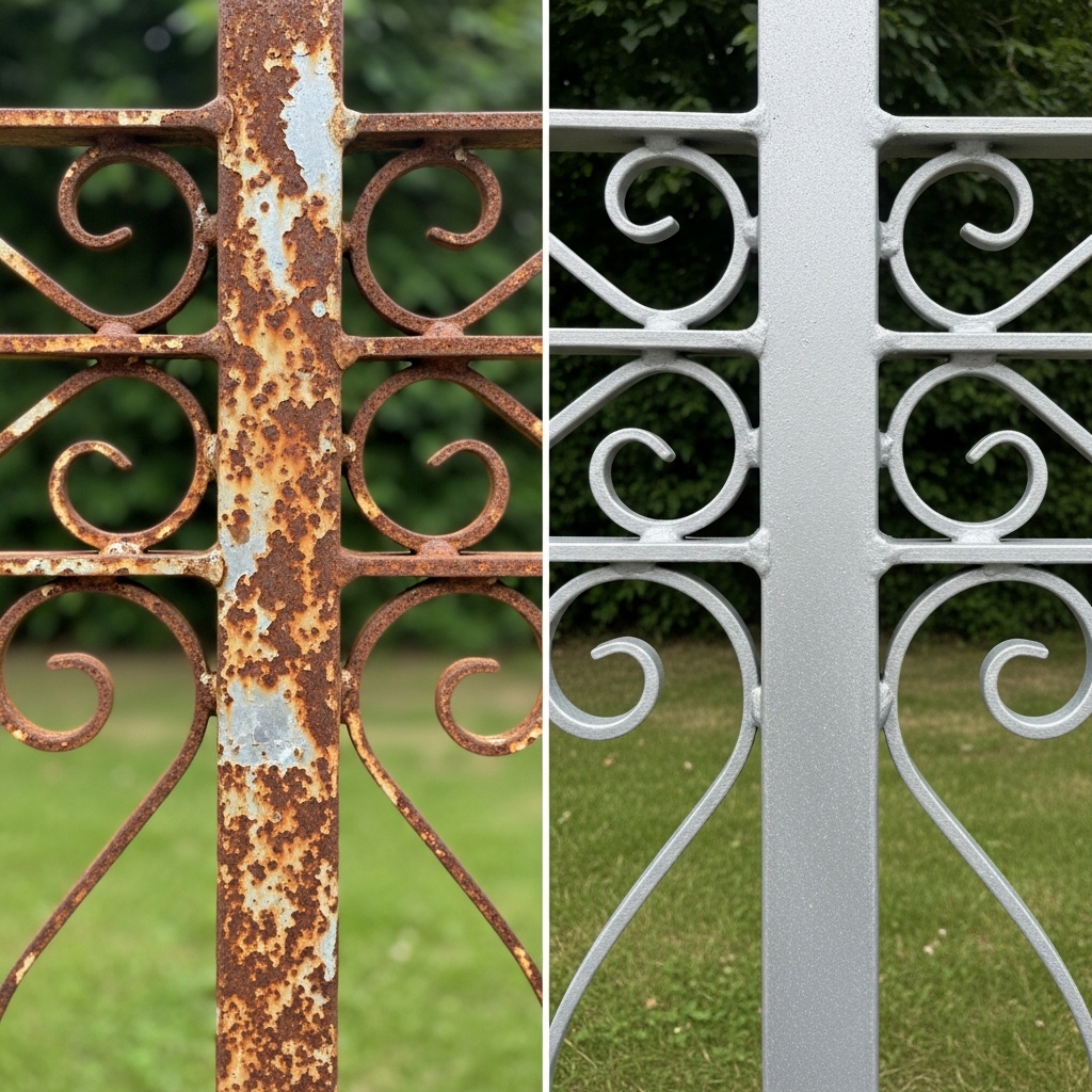 Before & after sandblasting on corroded metal fence