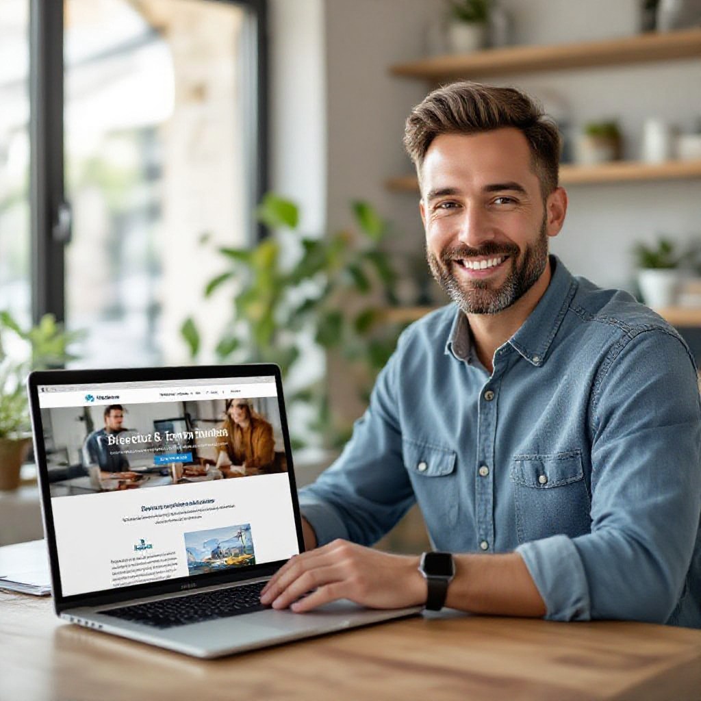 Small business owner viewing free website demo