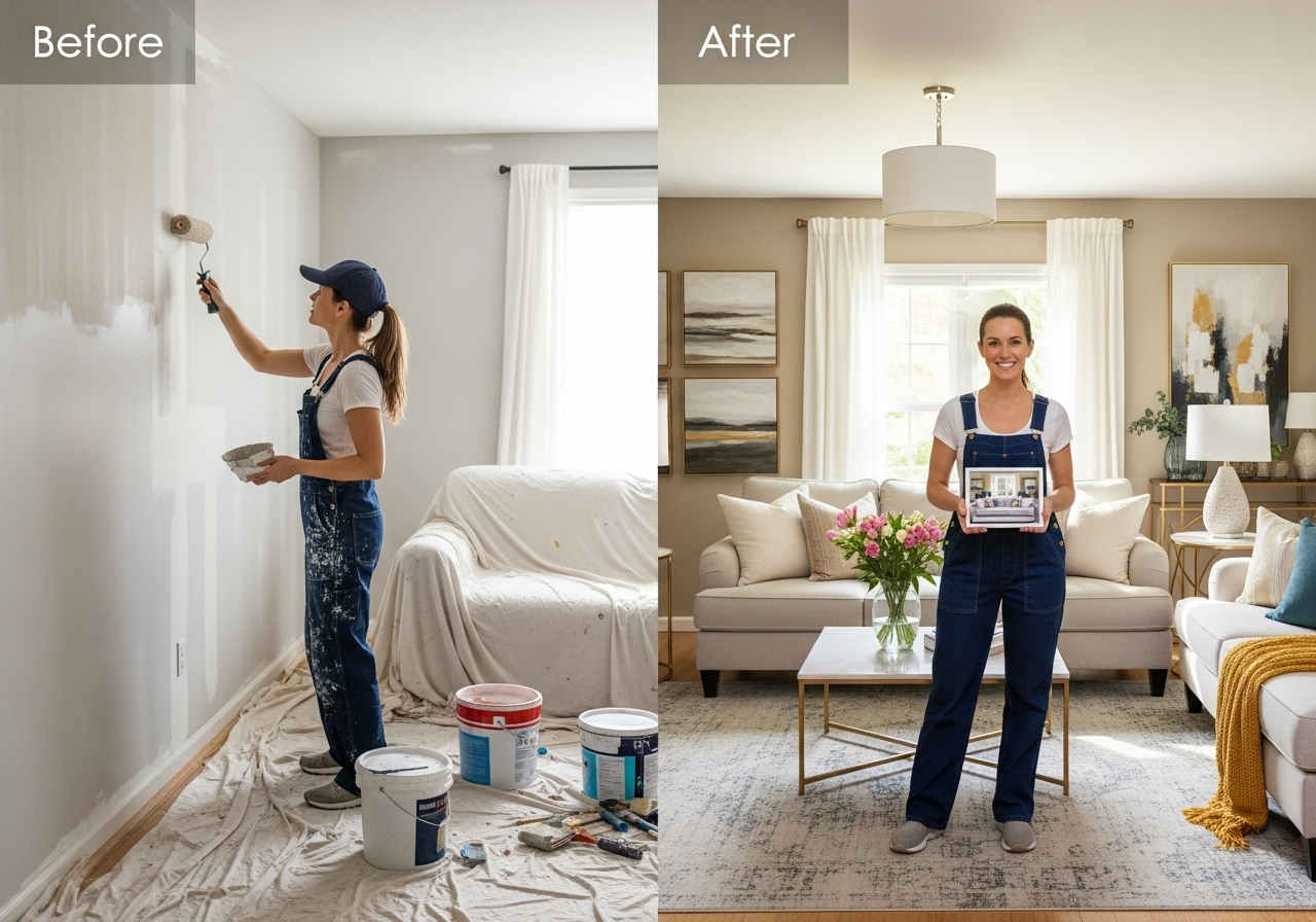 Painter decorating a living room before and after