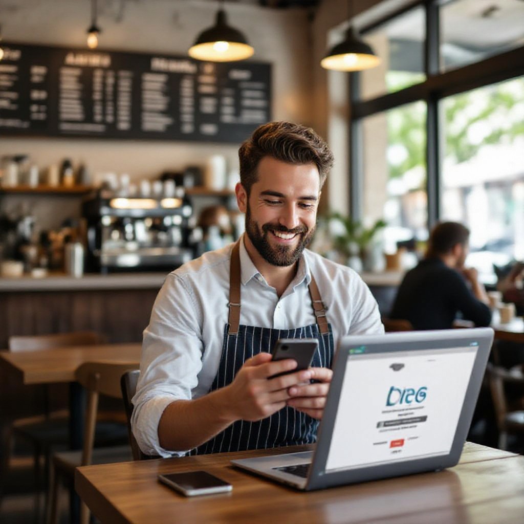 Small business owner viewing website on phone and laptop