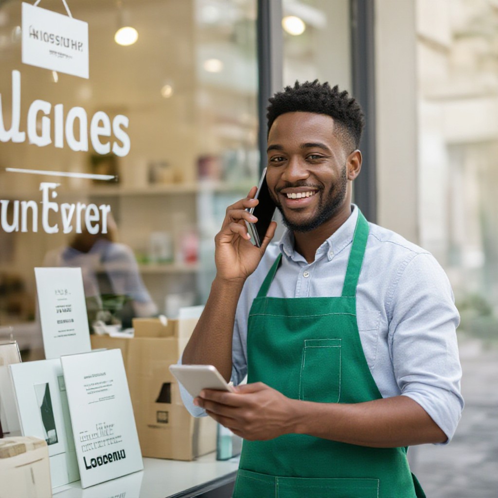 Small business owner updating website via phone