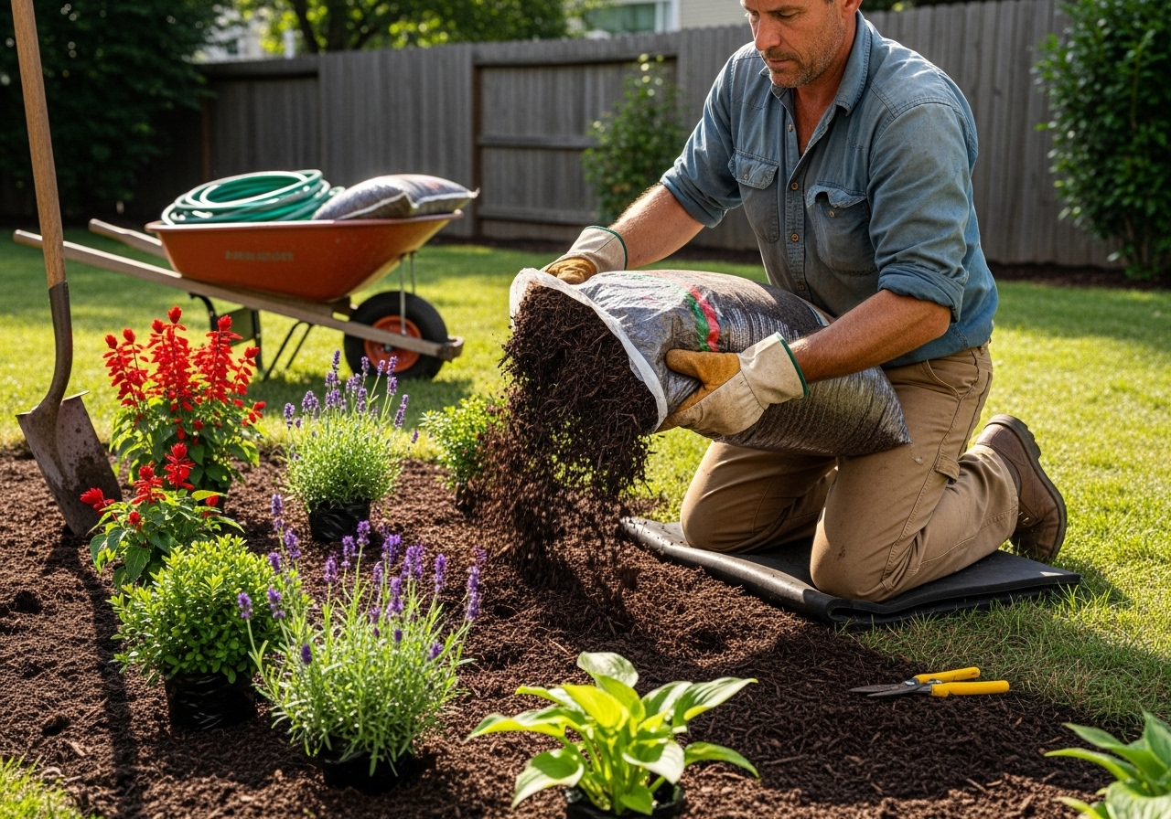 Landscaper working on a garden bed