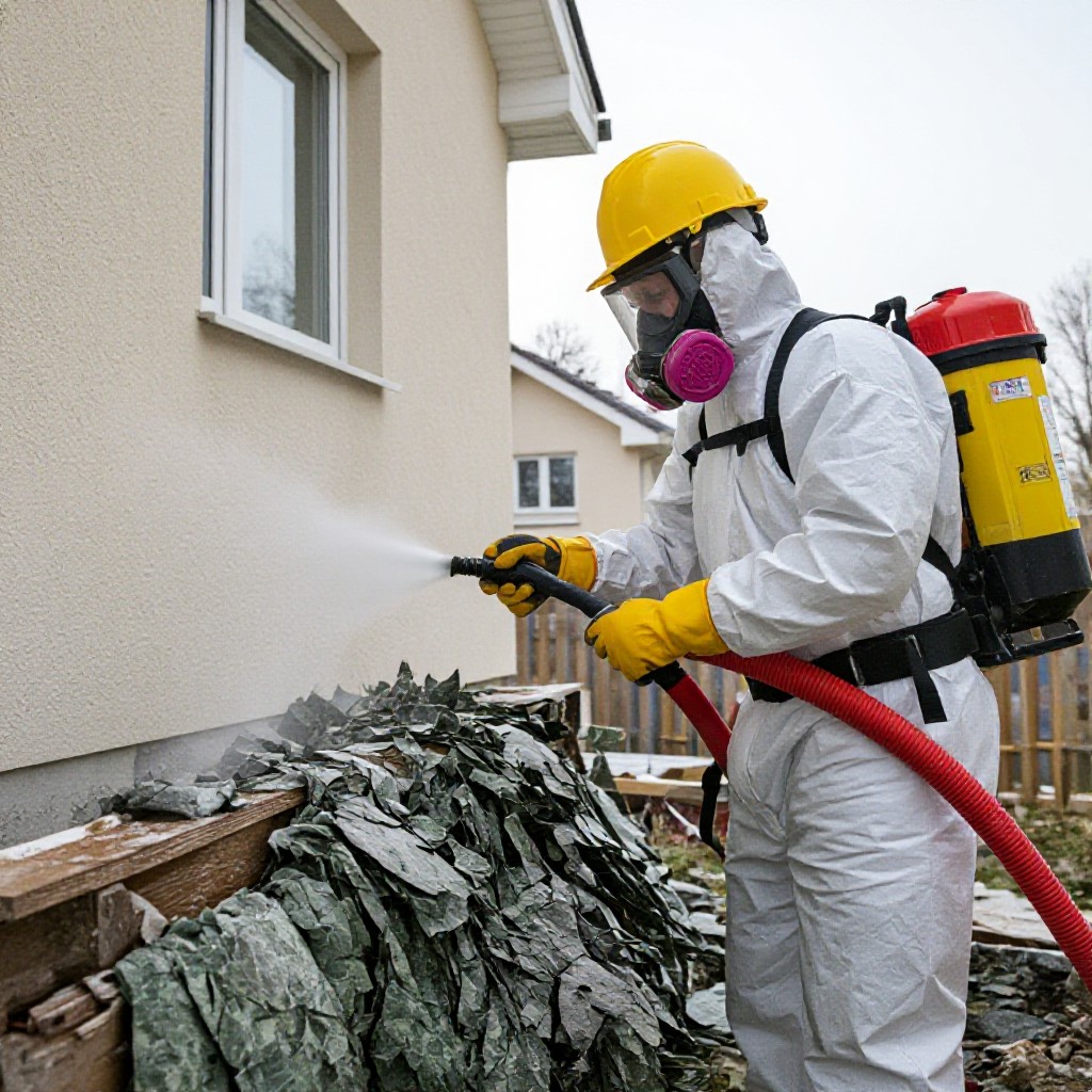 Asbestos removal professionals in protective gear