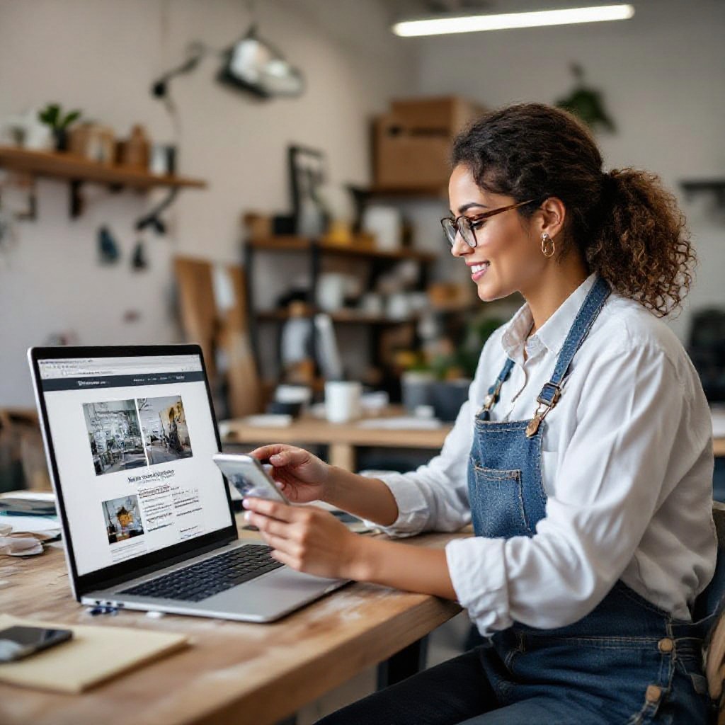 Small business owner viewing new website