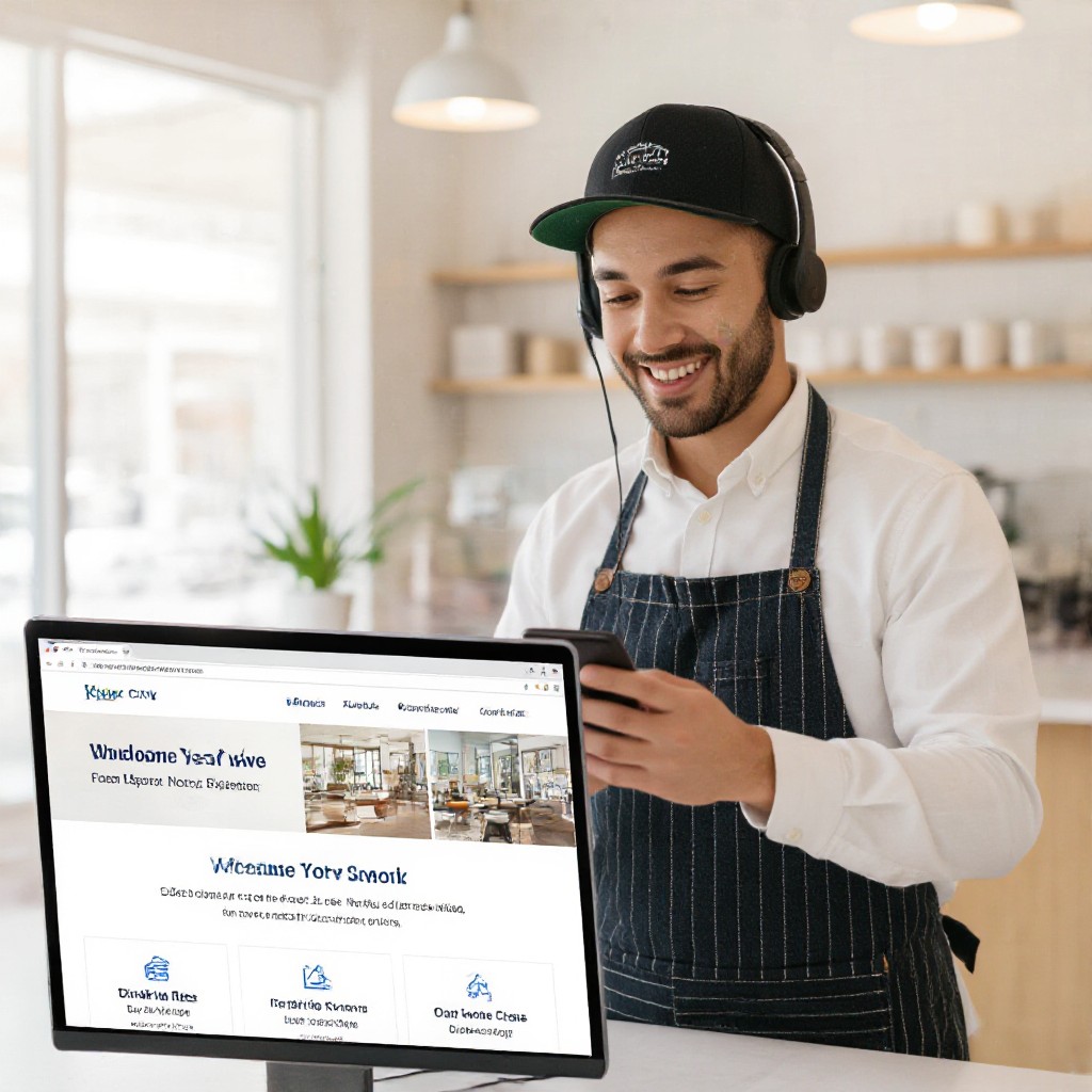 Local business owner updating website via phone