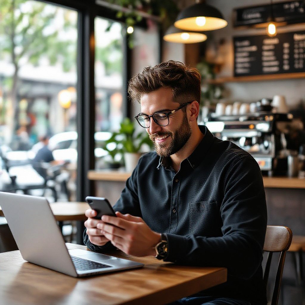 Small business owner checking website on phone
